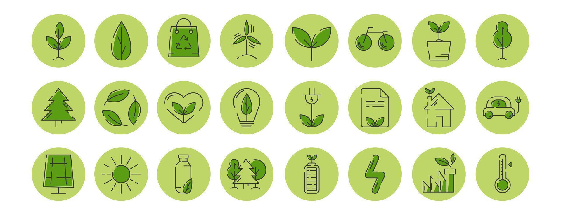 ecología verde icono conjunto con eco tecnología, sostenibilidad, reciclar, renovable energía, ambiental proteccion, eco simpático transporte, clima cambio simbolos editable ataque. ilustración vector