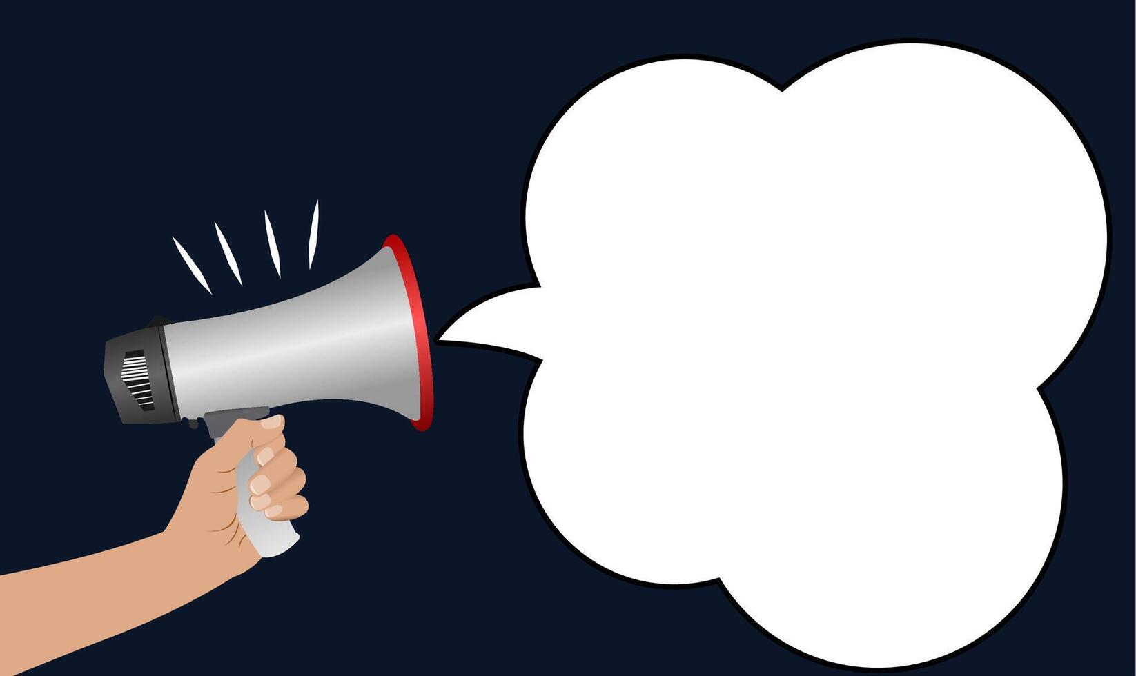 Girl Hand holding megaphone with speech bubble on blue shade background banner poster. For exclusive discounts and special offers. For women's internation day and advertising. vector