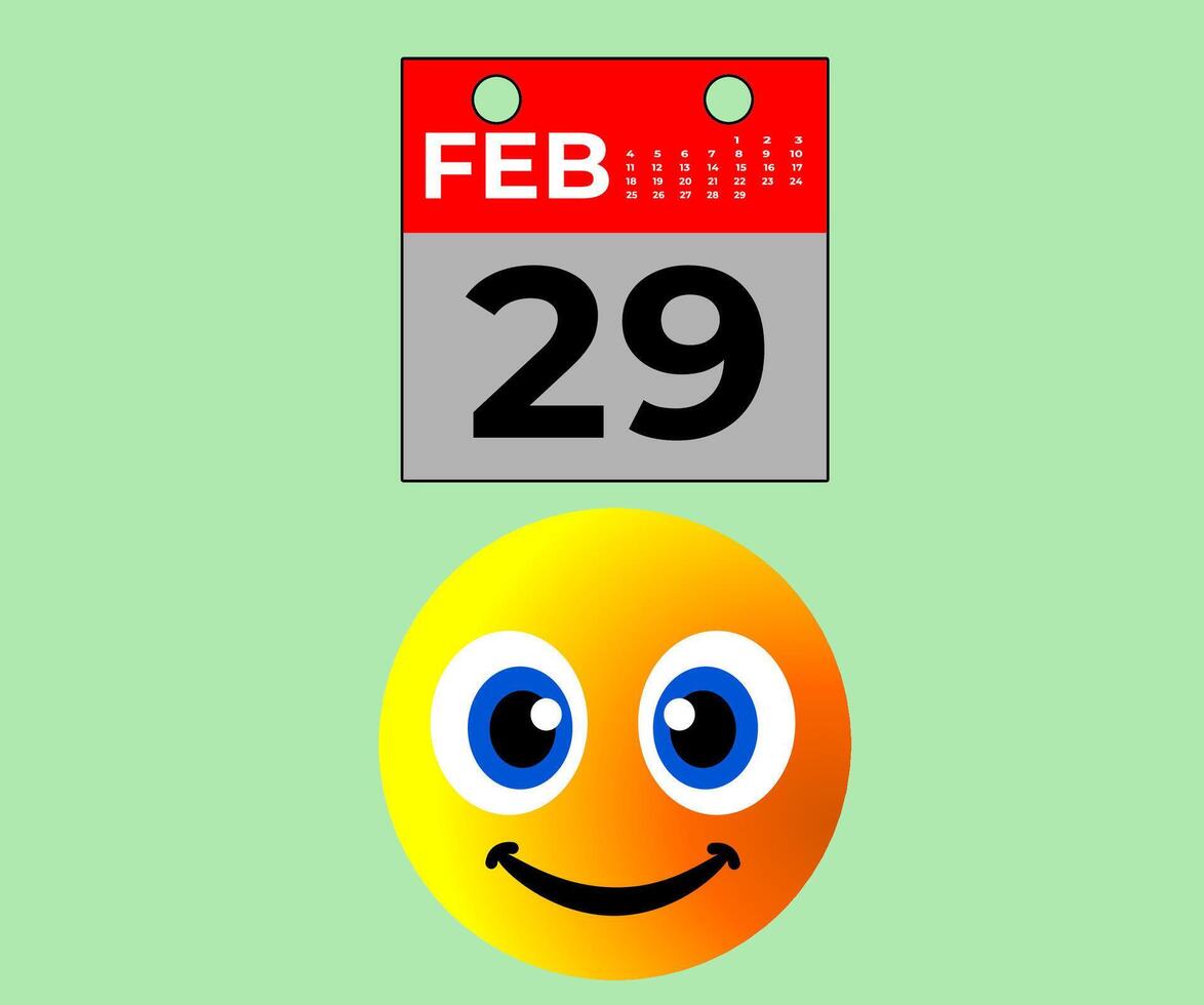 uno extra día en salto año 29 febrero calendario. contento emoticono, verde fondo, contento salto día, salto año, fecha, tiempo, extra vector