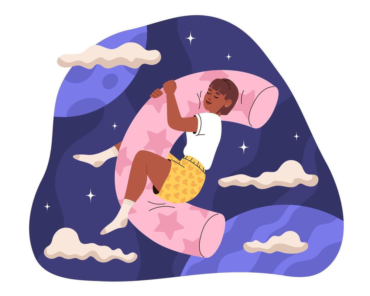 joven mujer caídas dormido en ortopédico cuerpo almohada. niña abrazos almohada y duerme dulcemente. persona siestas entre nubes, estrellas y planetas en espacio. sano dormir, Sueños. vector