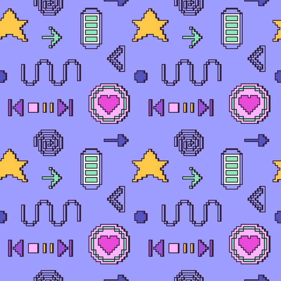 2000s pixel aesthetic nostalgia seamless pattern. Trendy cover of figures, simple shapes in y2k style vector