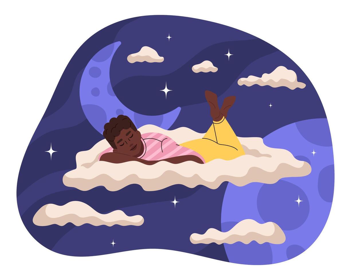 joven hombre en pijama dormido en nubes concepto de sano dormir, Sueños. plano ilustración. vector