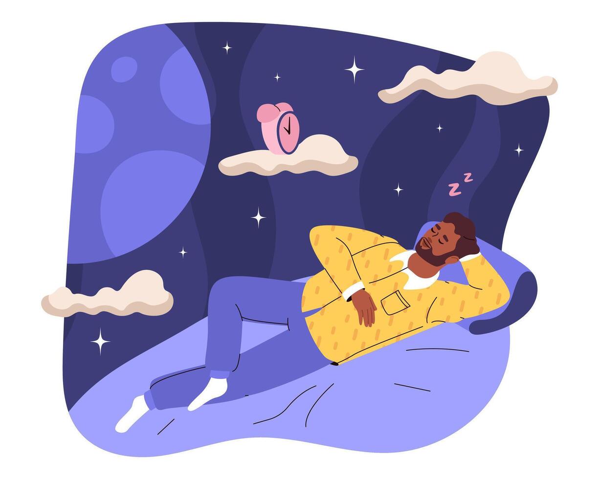 adulto hombre duerme con su brazo detrás su cabeza. alarma reloj flotadores en nubes encima dormido hombre. concepto de sano dormir, Sueños. plano ilustración. vector