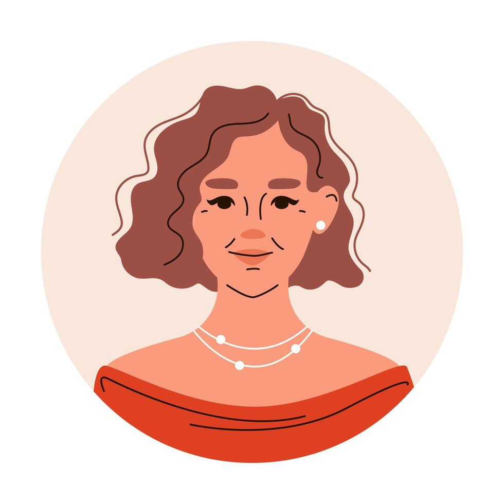 Head portrait of curly middle aged brown haired woman wearing red clothing with open shoulders. Avatar of European, Asian, white woman for social networks. flat illustration. vector