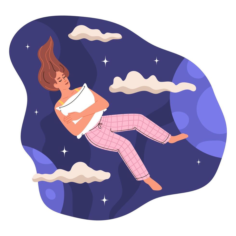 Girl floating in air, hugging pillow, sleeping sweetly. Woman naps among clouds, stars and planets in space. Concept of healthy sleep, dreams. flat illustration. vector