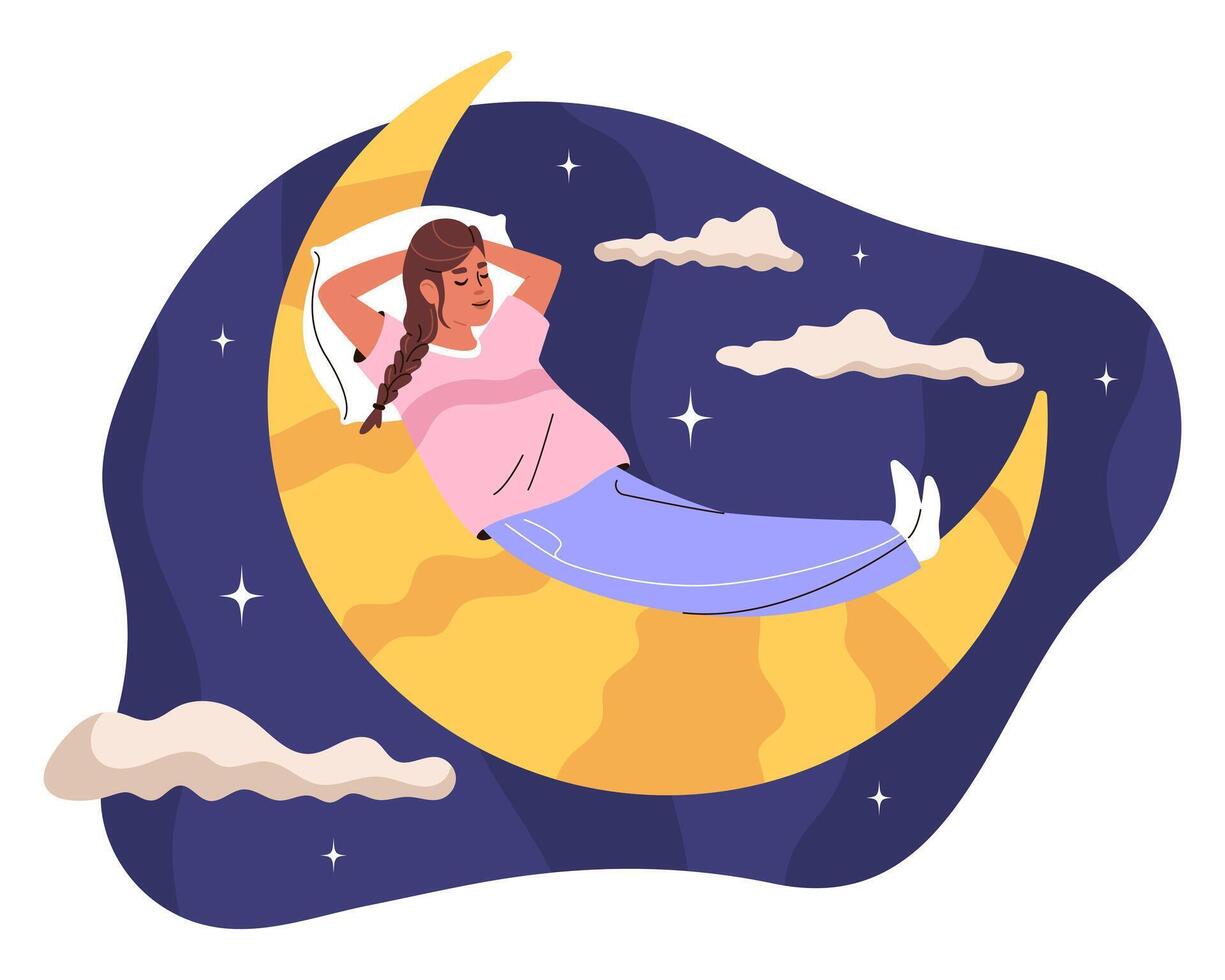 Woman in pajamas sleeping on moon against background of clouds and stars. Girl with braid put her hands behind her head and sleeps sweetly on pillow. vector