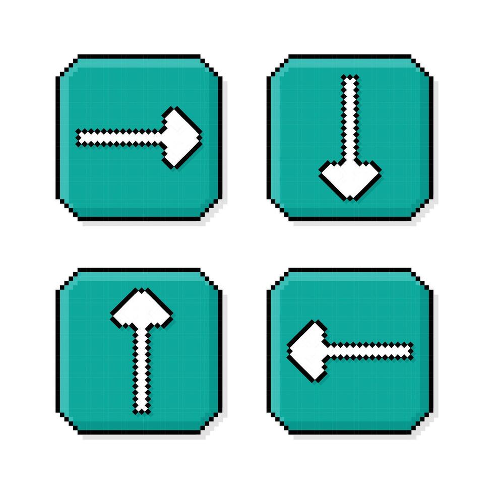 Pixel art, 90s mood, 8bit retro style arrows directions, set of white arrows icons or symbols on pixelated style illustration vector