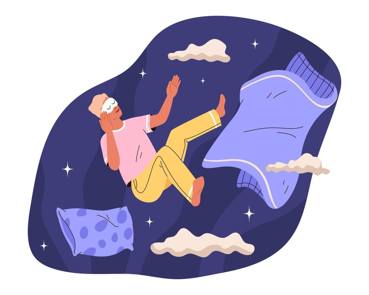 Young man asleep with sleeping mask. Human floating in air amidst pillow and blanket. Person naps among clouds, stars. Concept of healthy sleep, dreams. Process of immersing person in sleep. vector