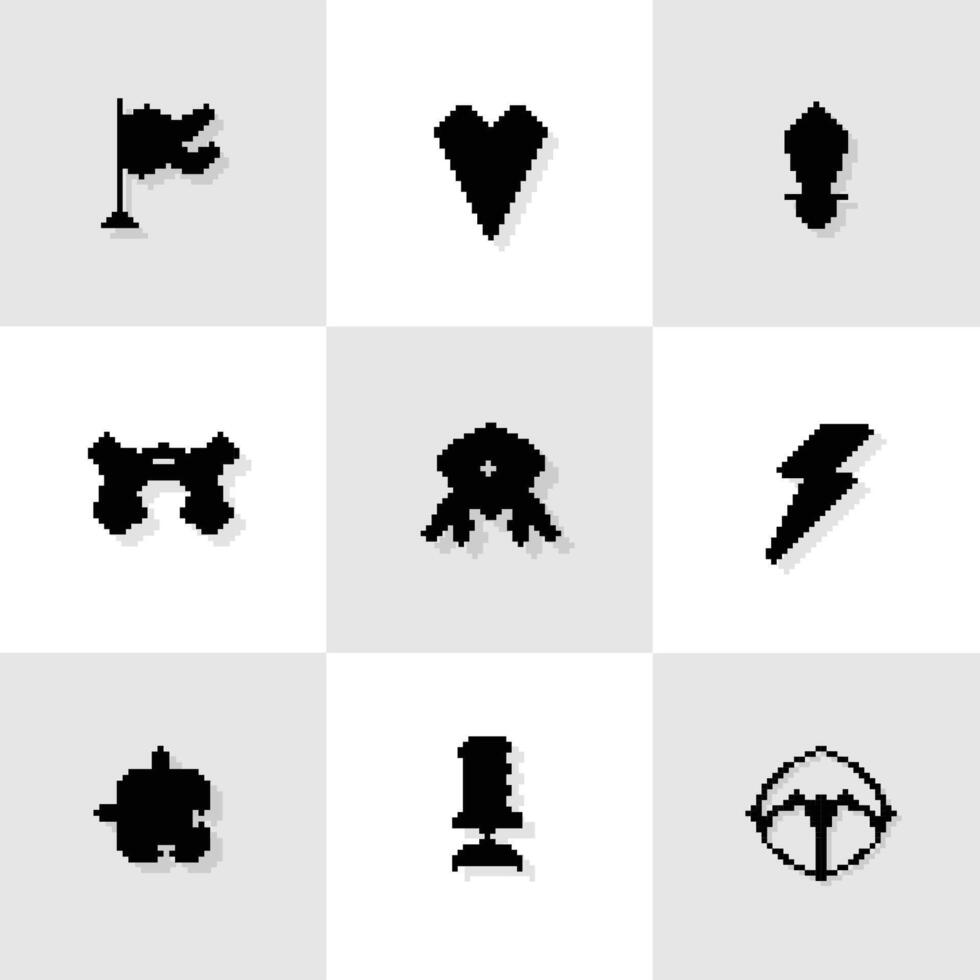Silhouette pixel art, 90s mood, 8bit retro style silhouette game icons, set of minimalistic ui gaming black icons or symbols on pixelated style illustration vector