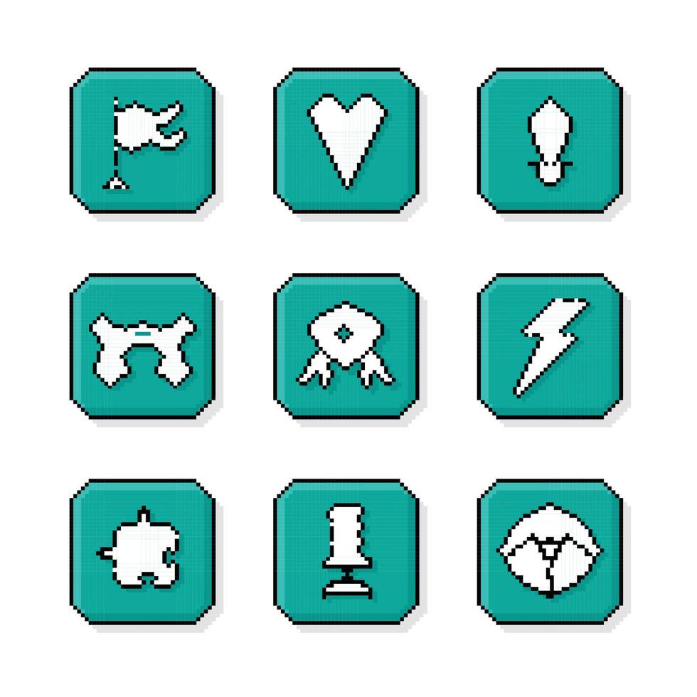Pixel art, 90s mood, 8bit retro style game icons, set of minimalistic ui gaming icons or symbols on pixelated style illustration vector