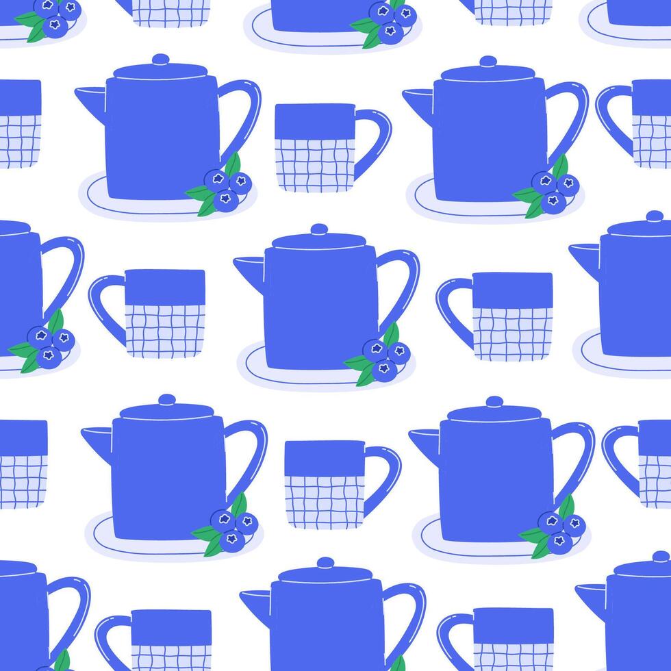 Seamless pattern with teapot and cup set with black and blueberry hot tea vector