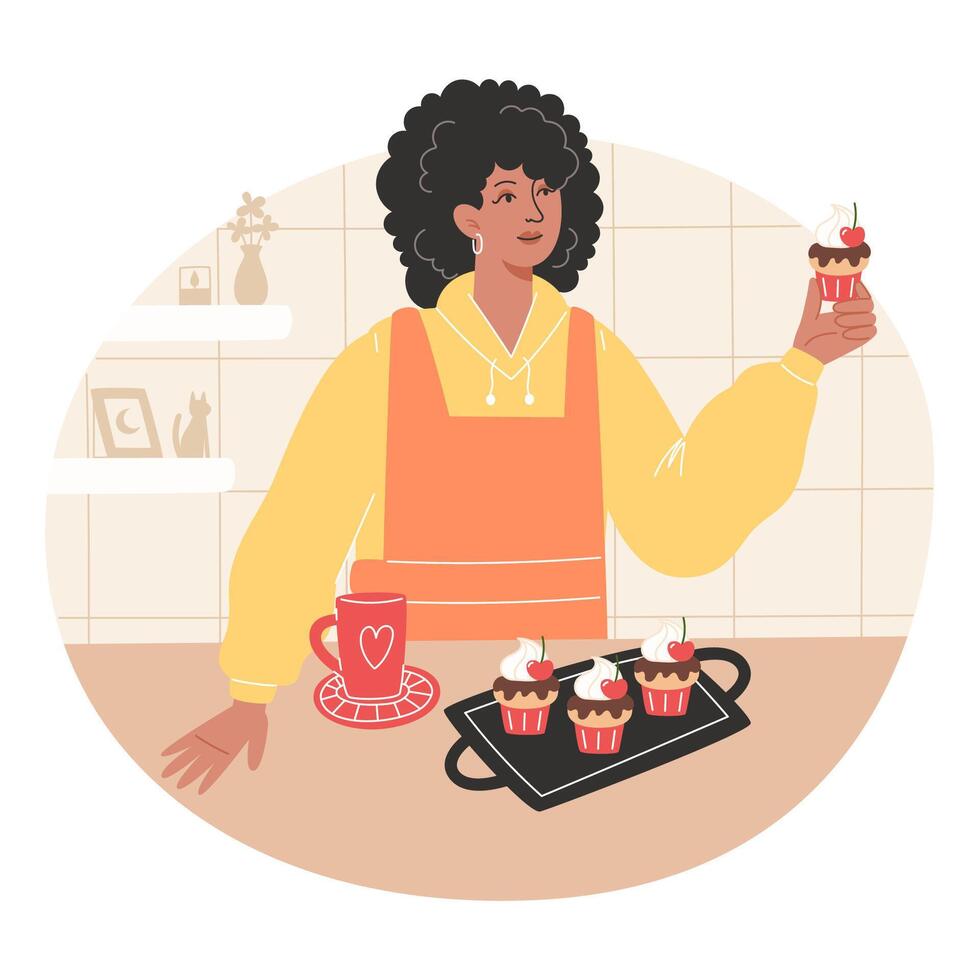 African woman has baked cupcakes and is enjoying them with a hot drink vector