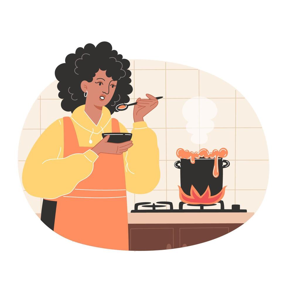 African American woman cooking soup in a cozy kitchen vector