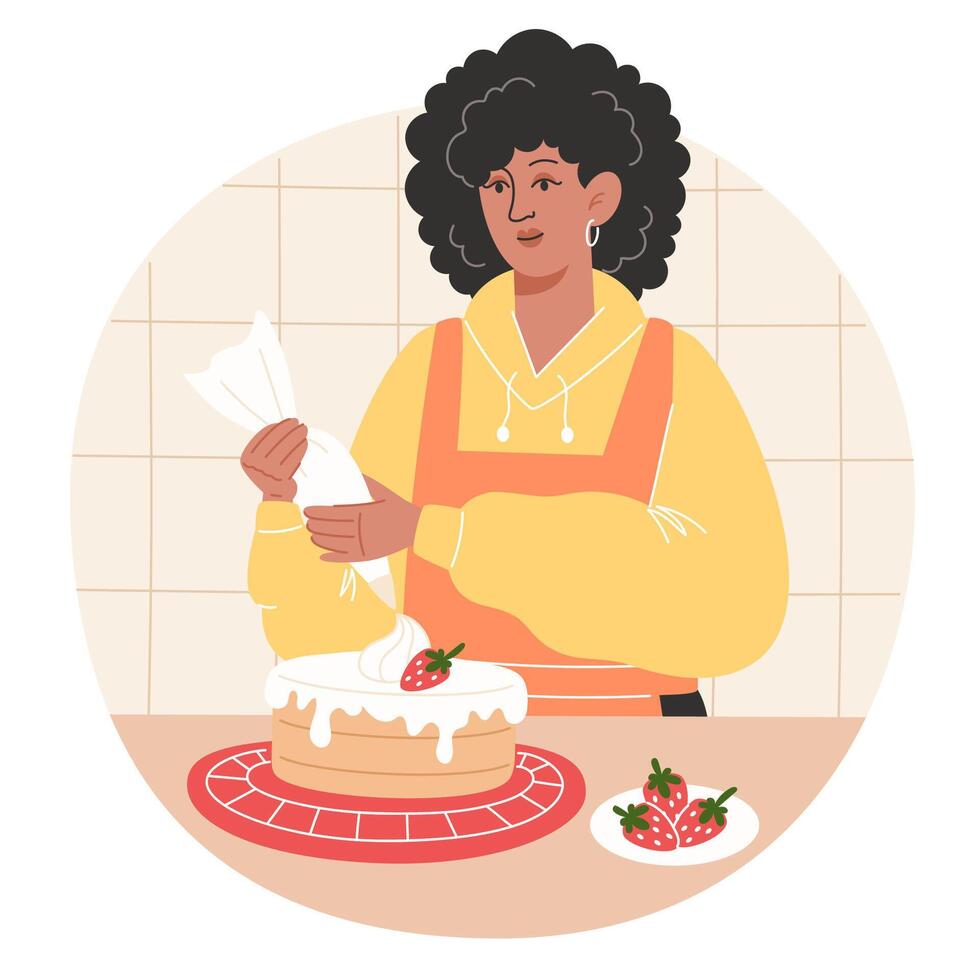 African woman makes a strawberry cake at home vector