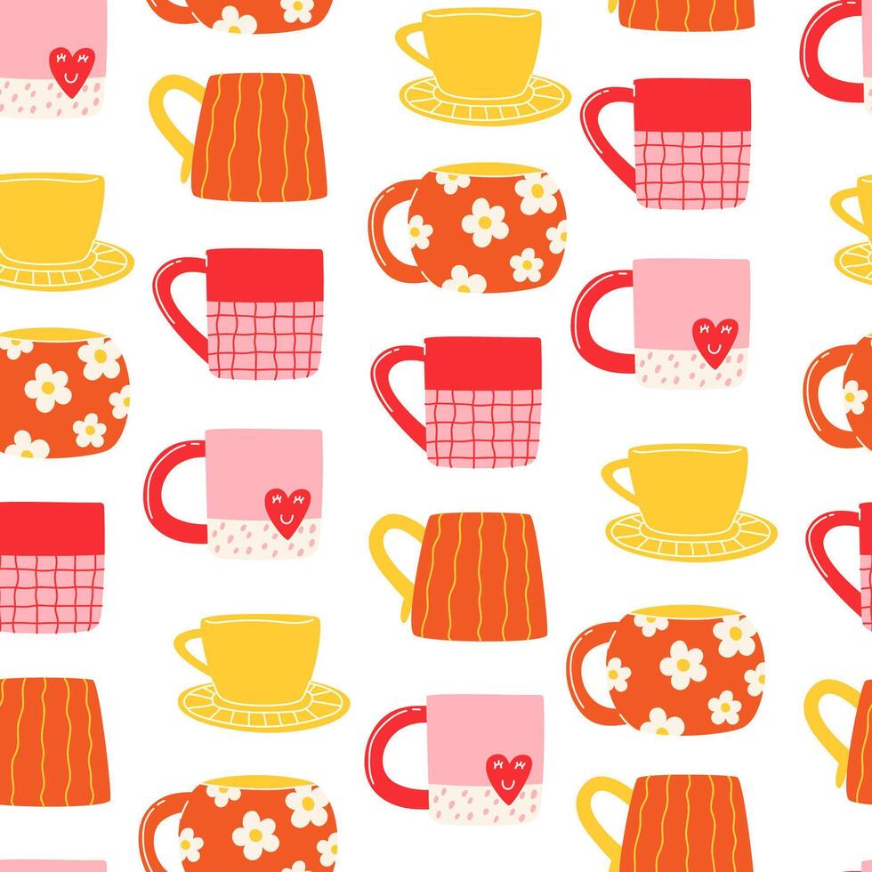 Seamless pattern with modern colorful cups in flat style vector