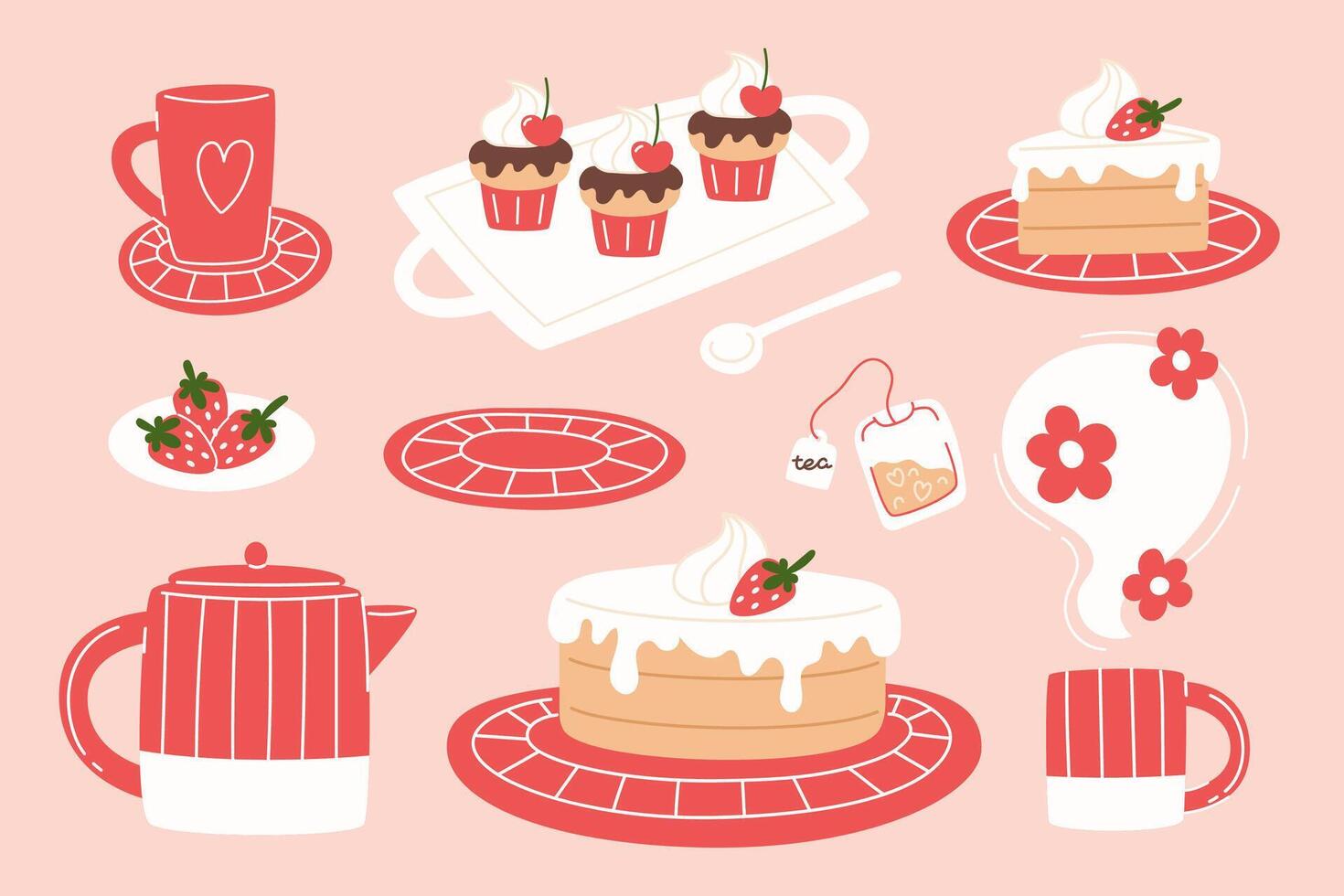 Modern set of tableware and sweets in flat style vector