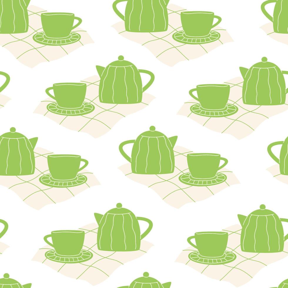 Seamless pattern with a green teapot and cup set vector