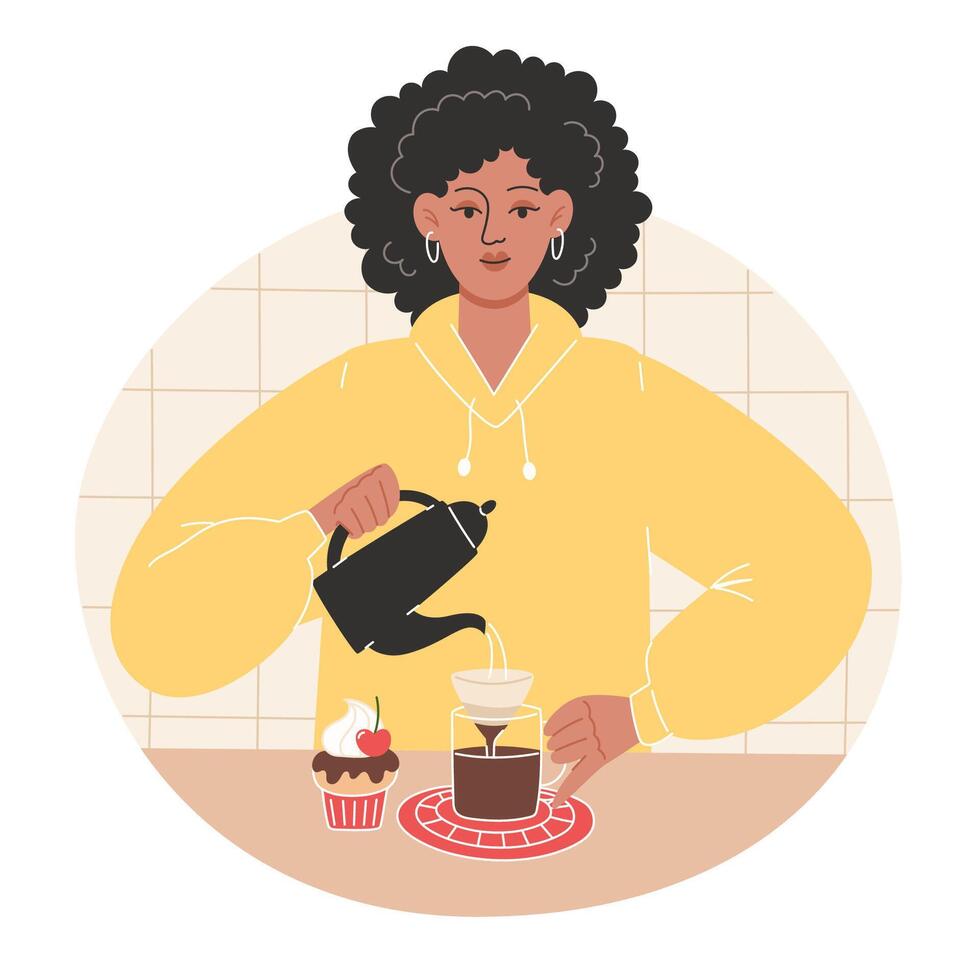 African woman makes coffee at home vector