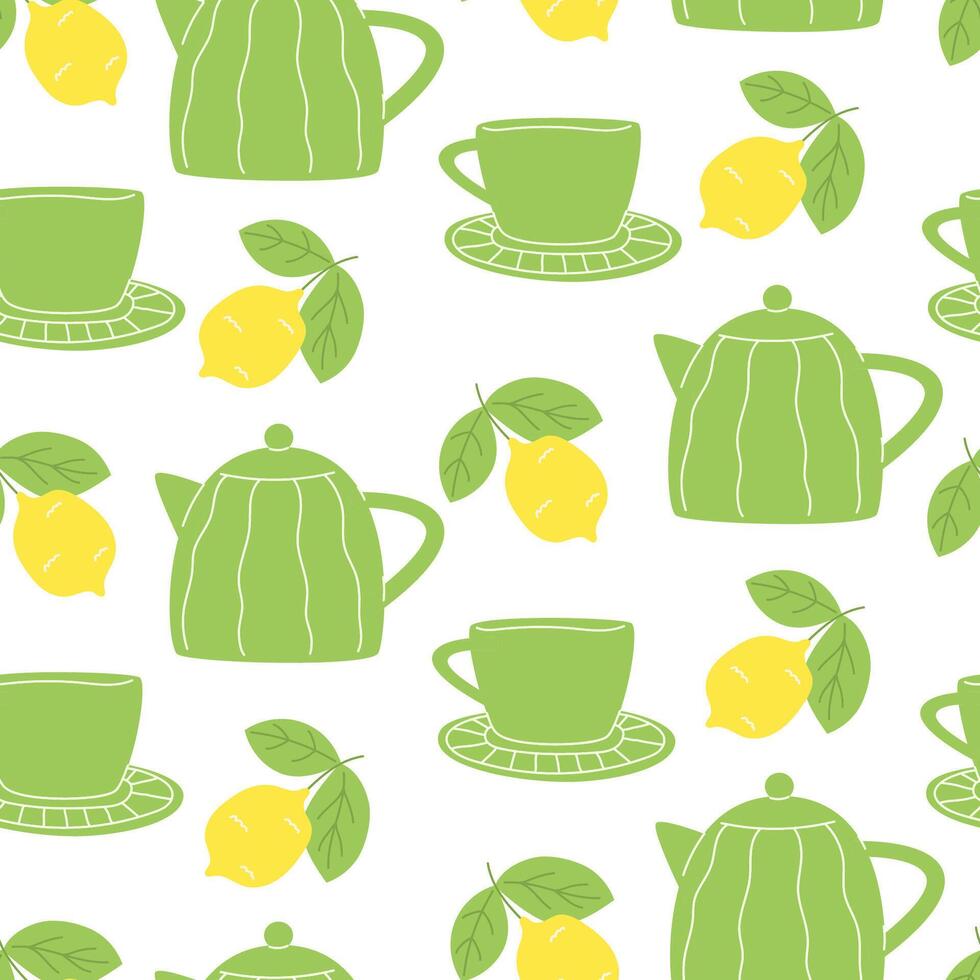 Seamless pattern with teapot, cup, hot tea and lemon vector