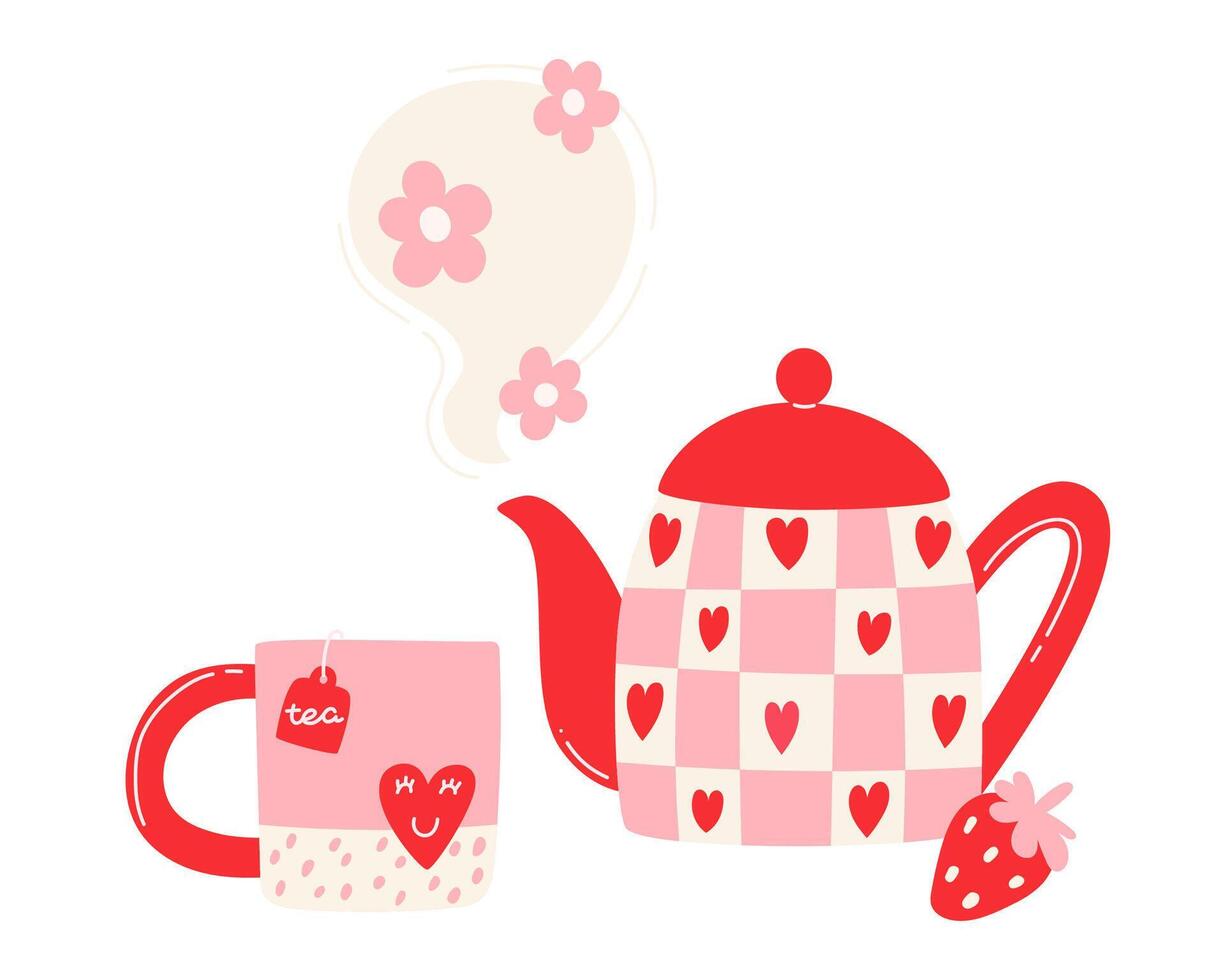 un brillante tetera y taza conjunto con flor de fresa caliente té vector