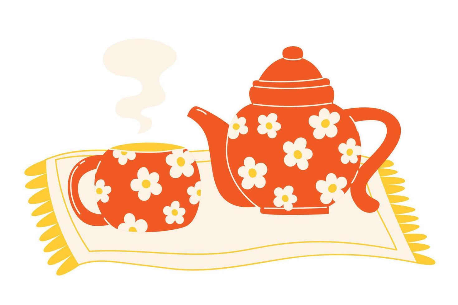 Bright teapot and cup set with chamomile hot tea vector