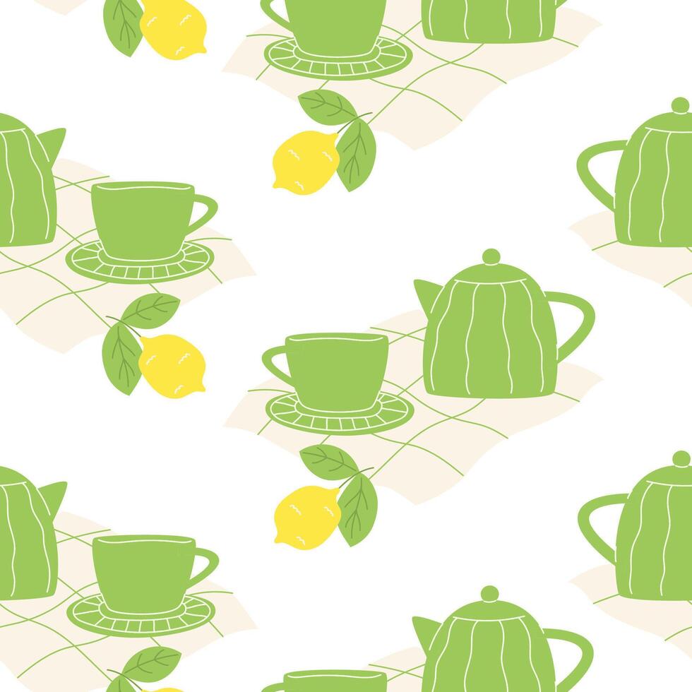 Seamless pattern with teapot, cup, hot tea and lemon vector