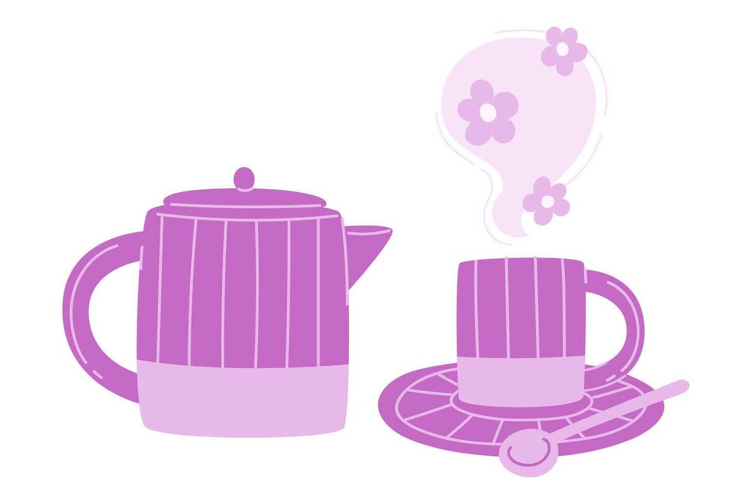 A purple teapot and cup set with flower hot tea vector