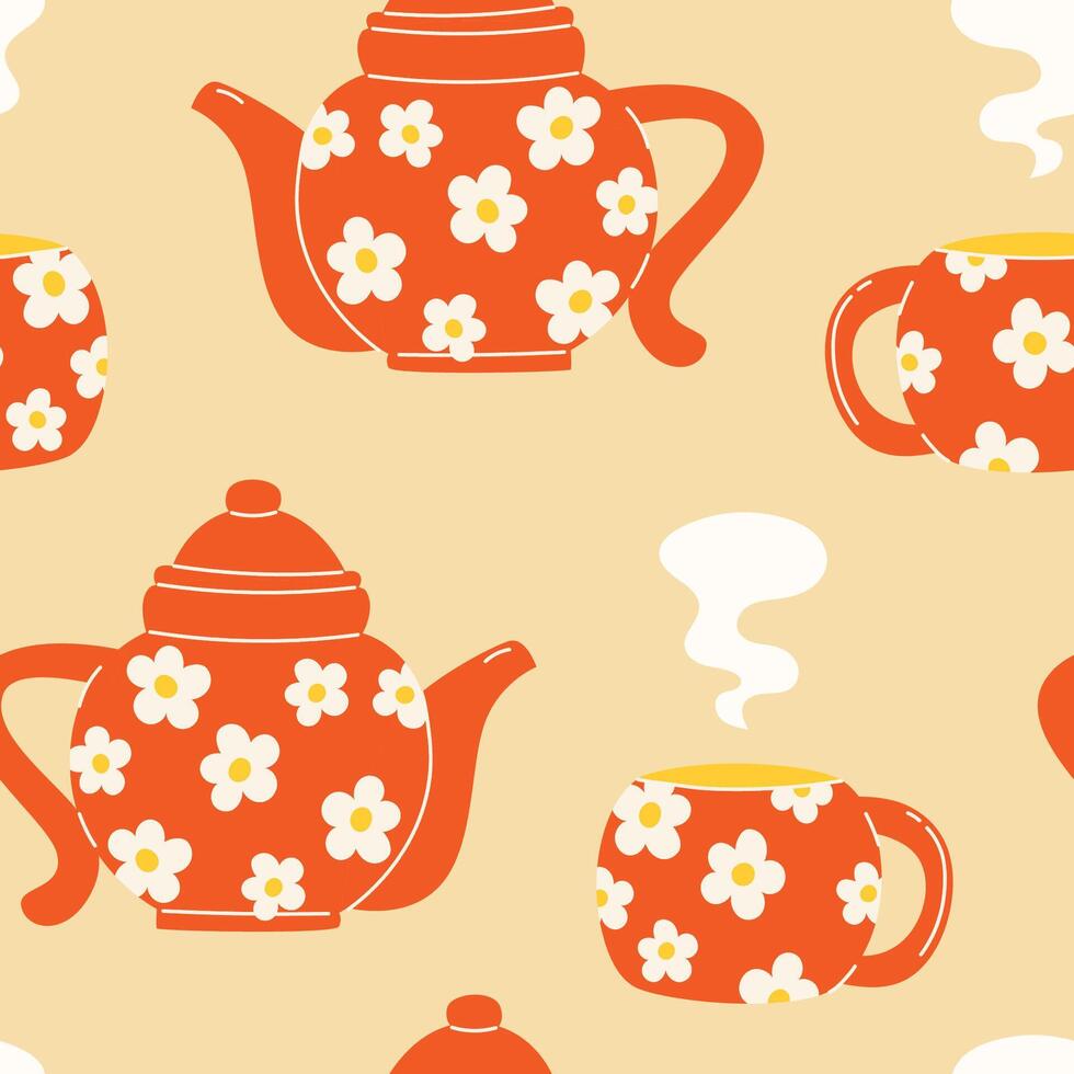 Seamless pattern with a teapot and cup set with chamomile hot tea vector