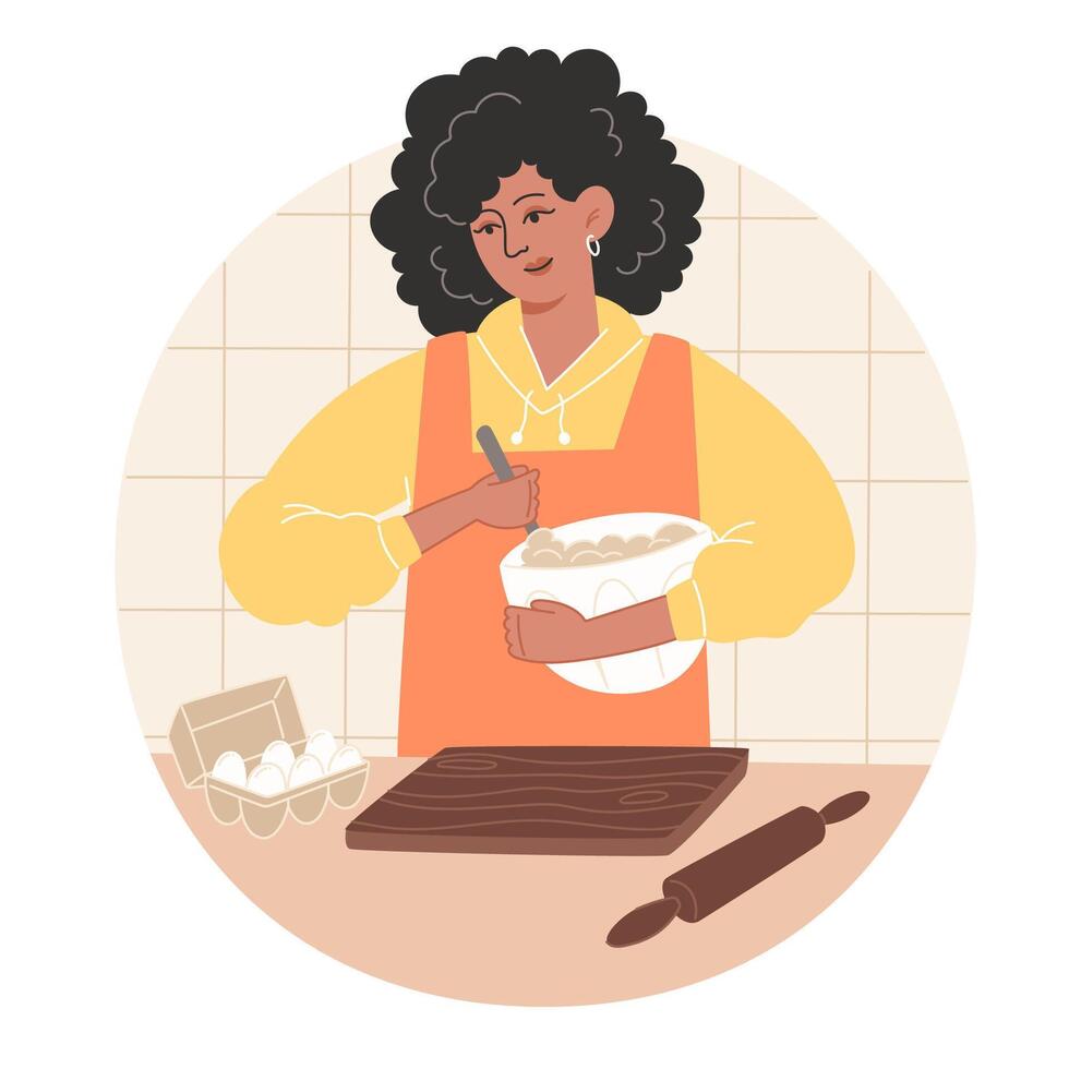 africano mujer es preparando pasteles a hogar en el cocina vector