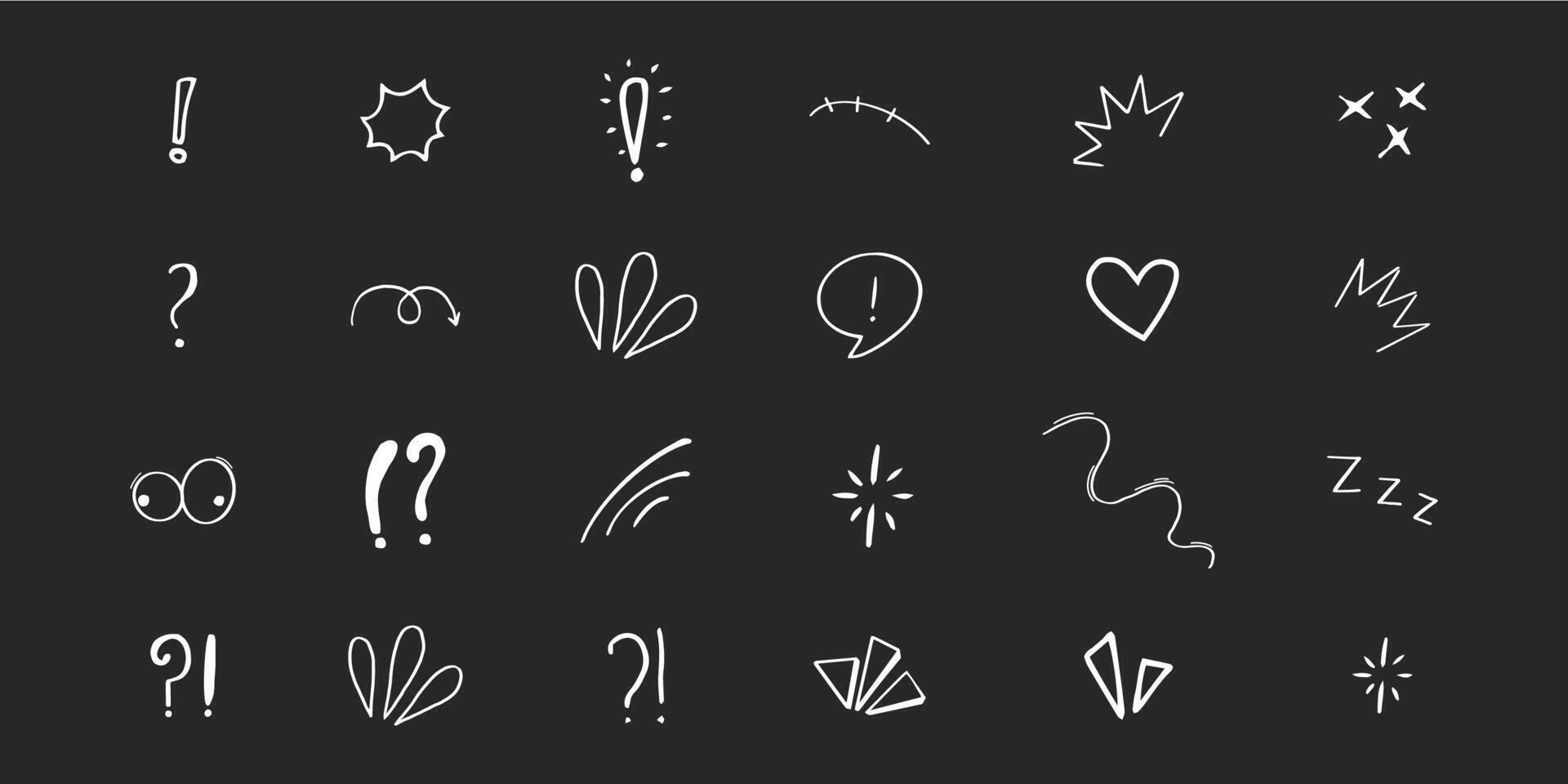 Set anime emotion effect attention elements, expressions speech bubble white in comic doodle style isolated on dark background. illustration vector