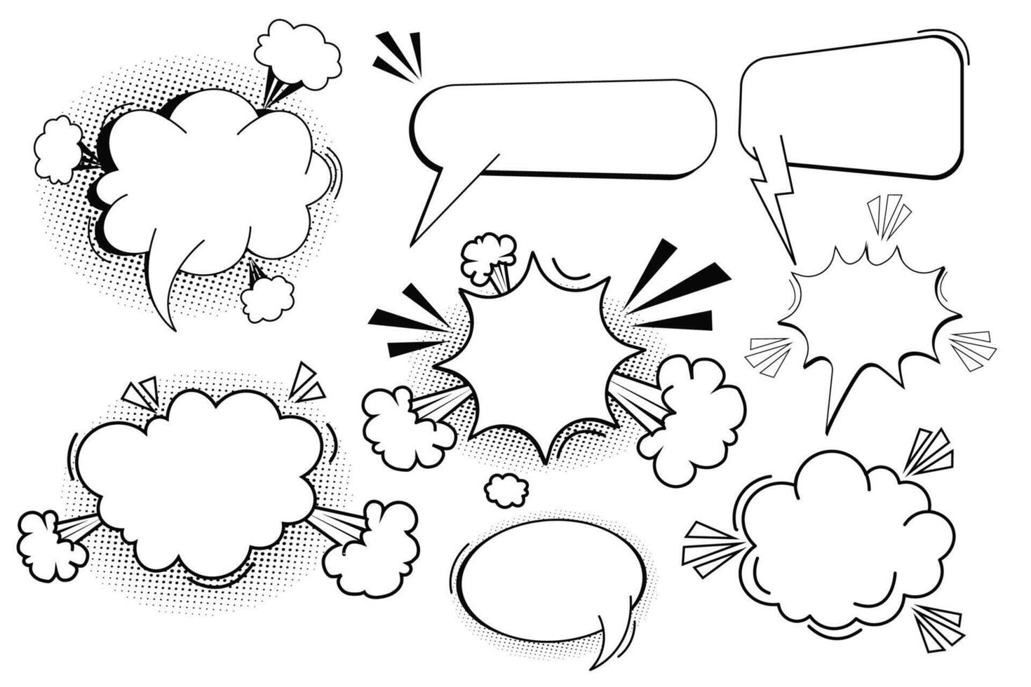 Set pow bubble speech comic expression frame cartoon doodle isolated on white background. Boom explode effect, halftone decoration,. illustration vector