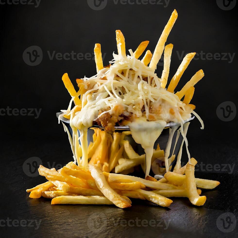 Cheese onion fries and cheese is melting black background photo