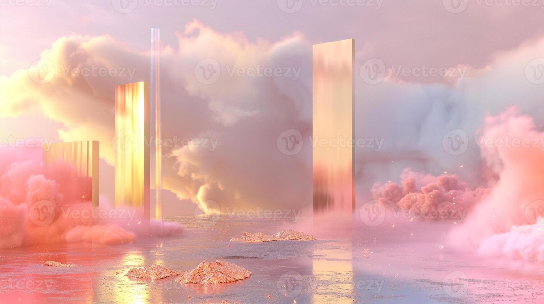 A dreamy pink and gold background with eucalyptus leaves, creating an atmosphere of luxury for product display in the style of surreal fantasy landscapes. photo