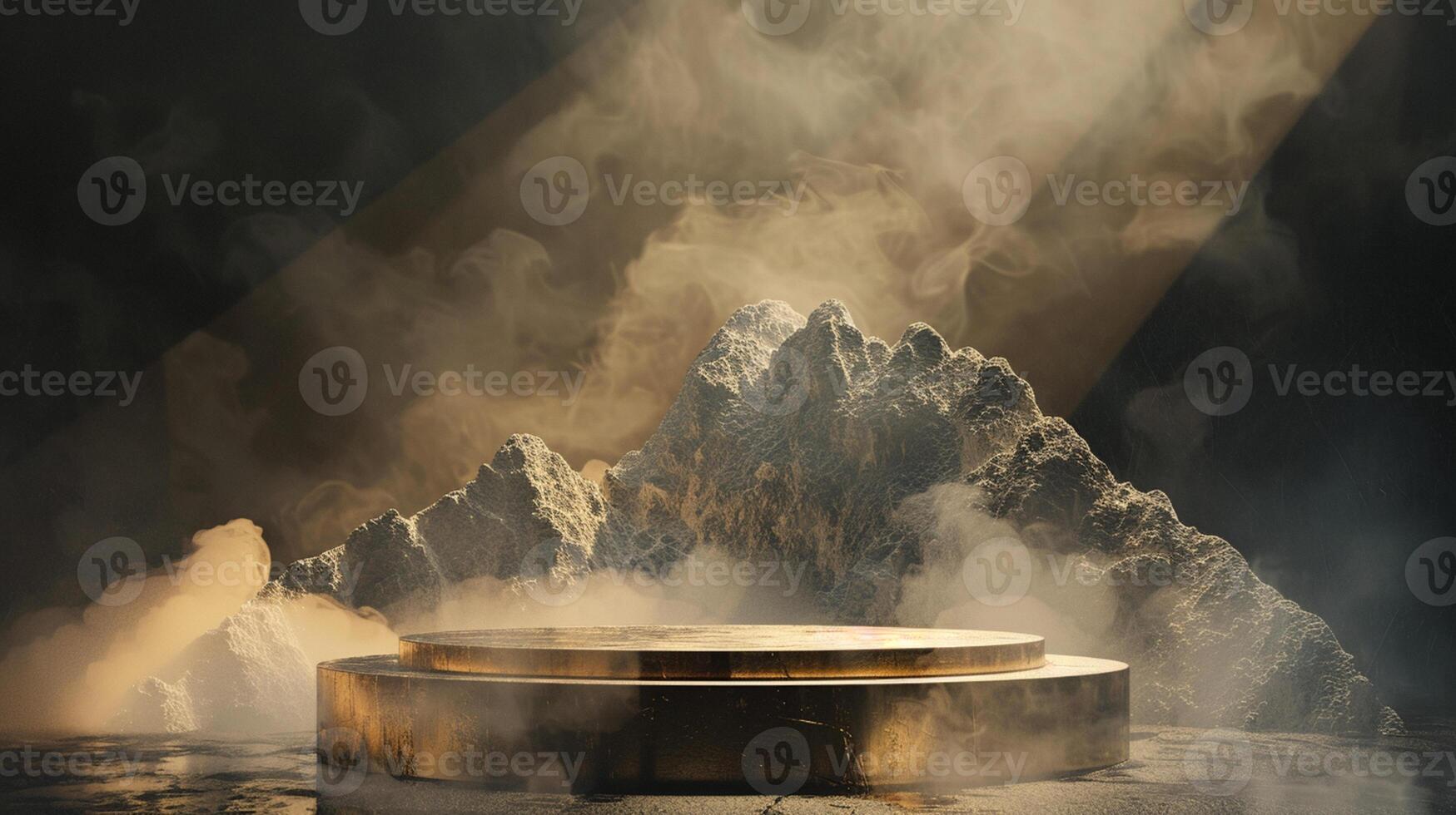 Smoke dances amidst clouds and sky, and gold geometric Stone and Rock shape background., vintage scene, with Gold podium stage minimal abstract background. photo