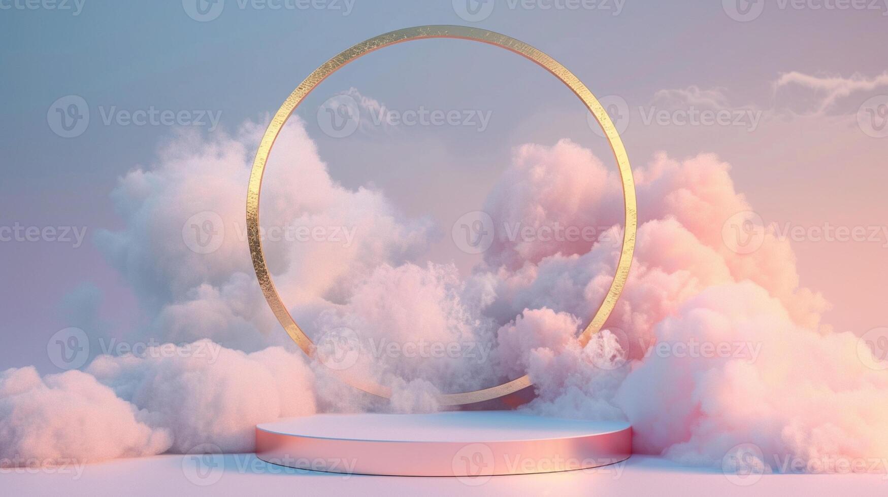 Smoke dances amidst clouds and sky, rising from a chimney A blend of nature and pollution creates an abstract, vintage scene, with Gold podium stage minimal abstract background. photo