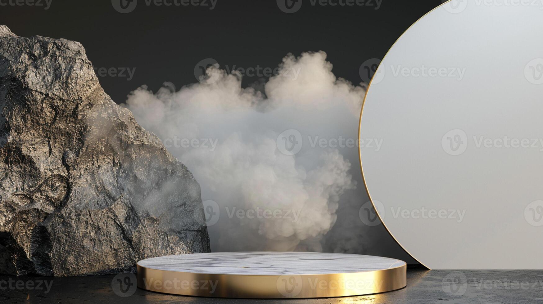 Smoke dances amidst clouds and sky, and gold geometric Stone and Rock shape background., vintage scene, with Gold podium stage minimal abstract background. photo