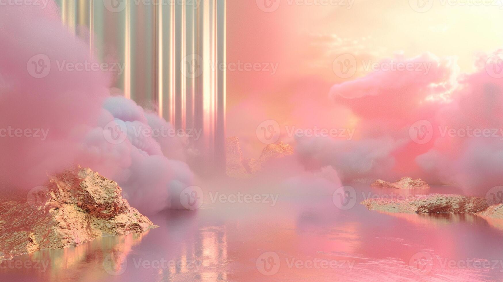 A dreamy pink and gold background with eucalyptus leaves, creating an atmosphere of luxury for product display in the style of surreal fantasy landscapes. photo