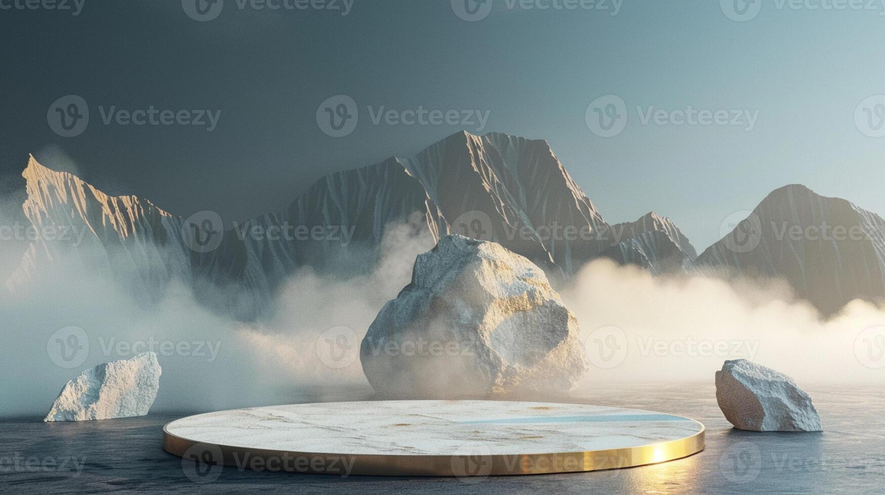 Smoke dances amidst clouds and sky, and gold geometric Stone and Rock shape background., vintage scene, with Gold podium stage minimal abstract background. photo