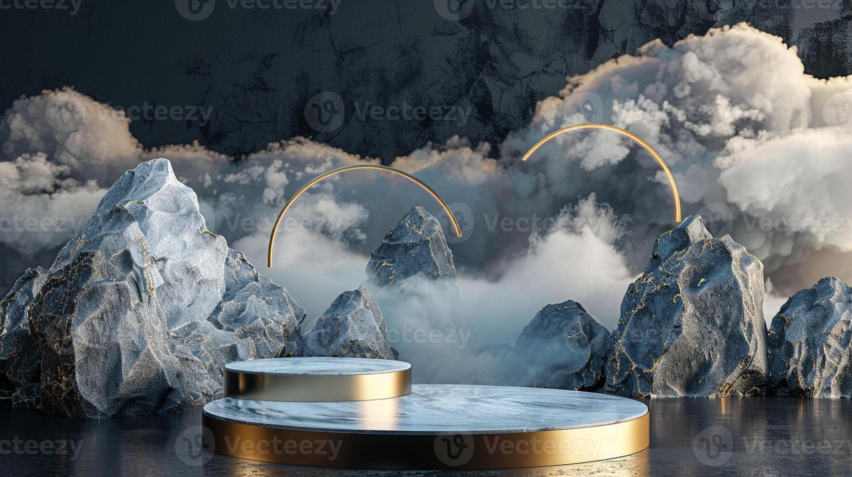 Smoke dances amidst clouds and sky, and gold geometric Stone and Rock shape background., vintage scene, with Gold podium stage minimal abstract background. photo