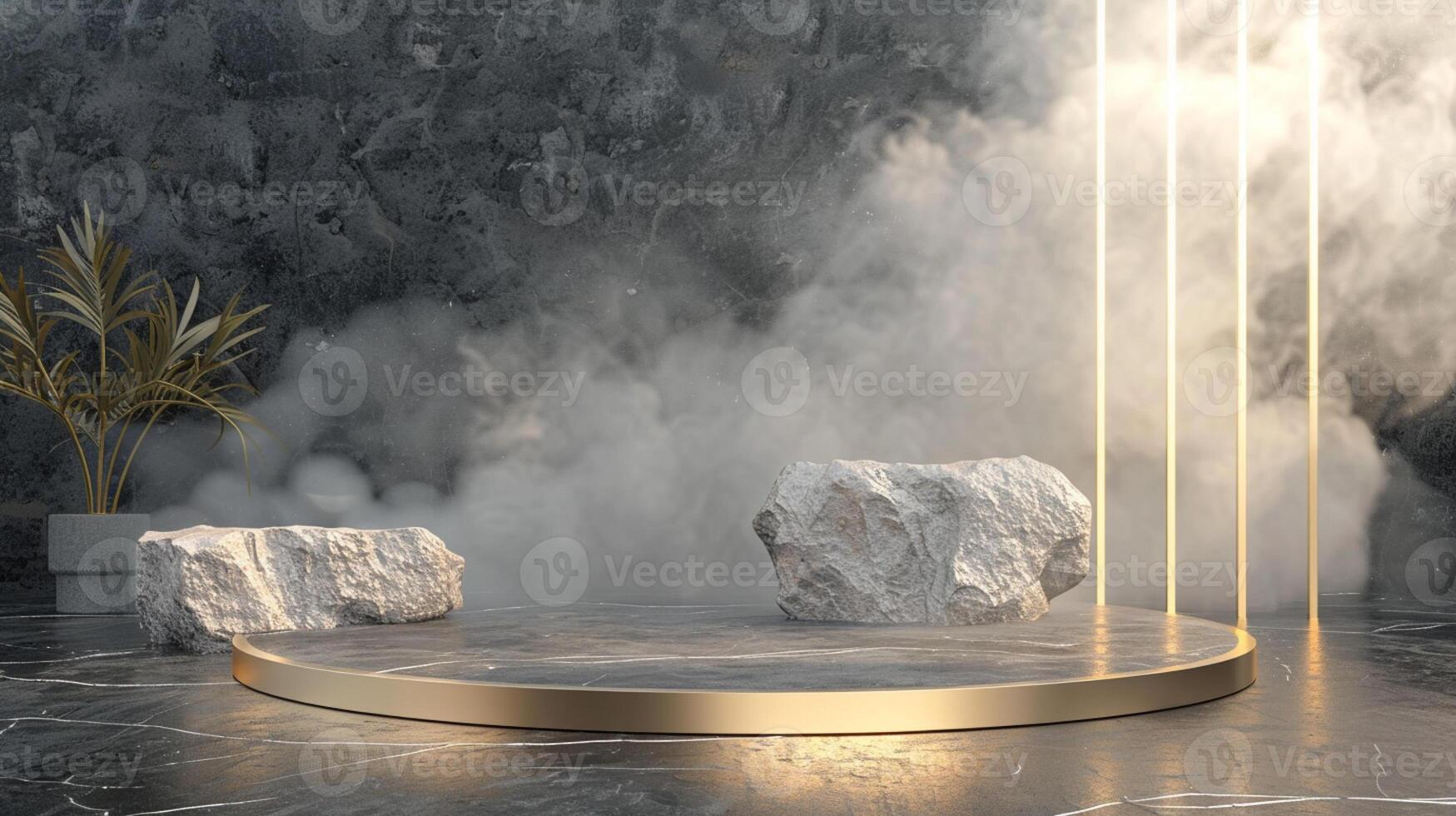 Smoke dances amidst clouds and sky, and gold geometric Stone and Rock shape background., vintage scene, with Gold podium stage minimal abstract background. photo