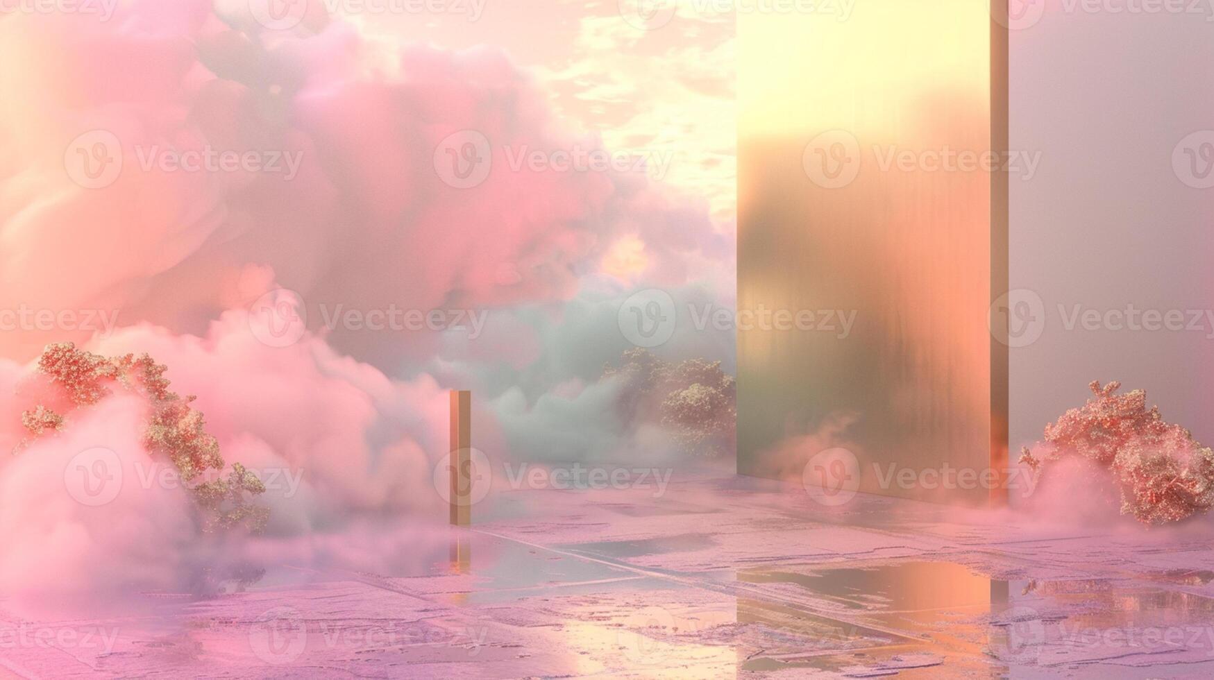 A dreamy pink and gold background with eucalyptus leaves, creating an atmosphere of luxury for product display in the style of surreal fantasy landscapes. photo