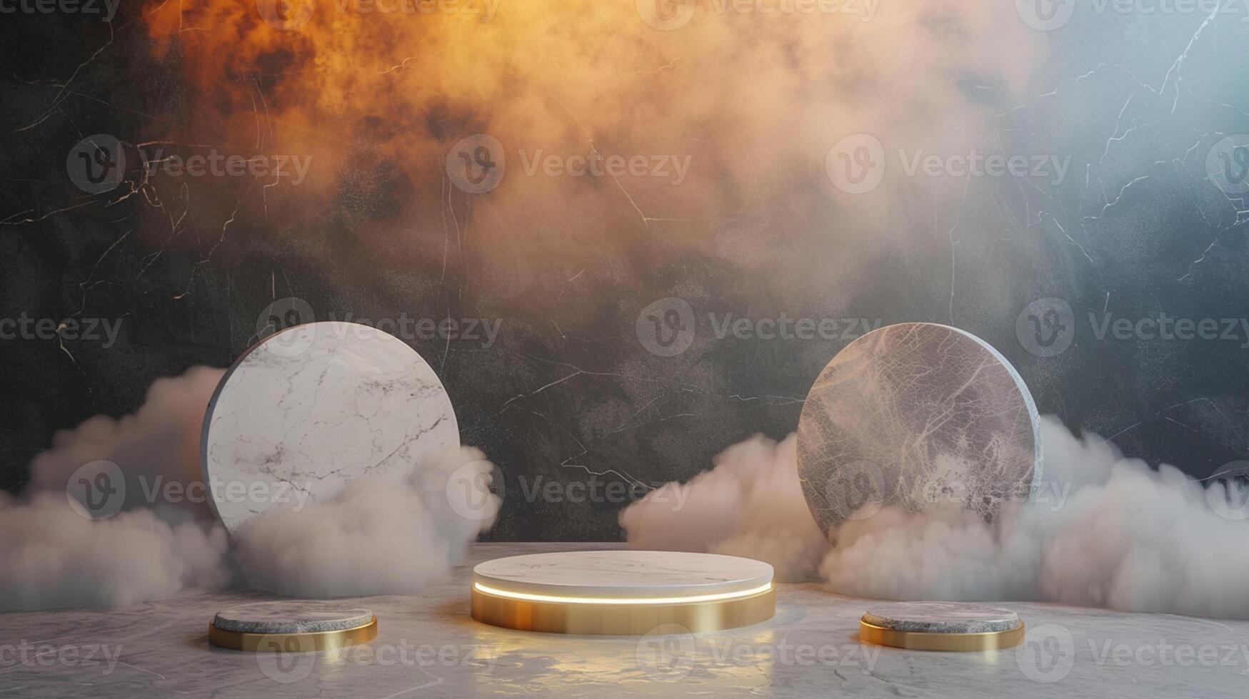 Smoke dances amidst clouds and sky, and gold geometric Stone and Rock shape background., vintage scene, with Gold podium stage minimal abstract background. photo