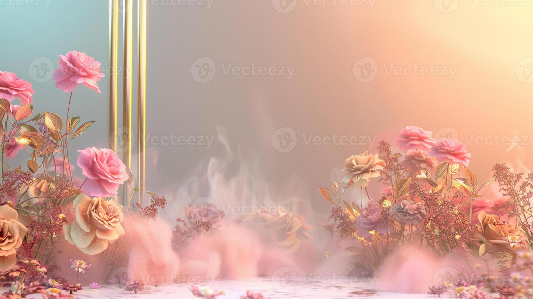 A dreamy pink and gold background with eucalyptus leaves, creating an atmosphere of luxury for product display in the style of surreal fantasy landscapes. photo