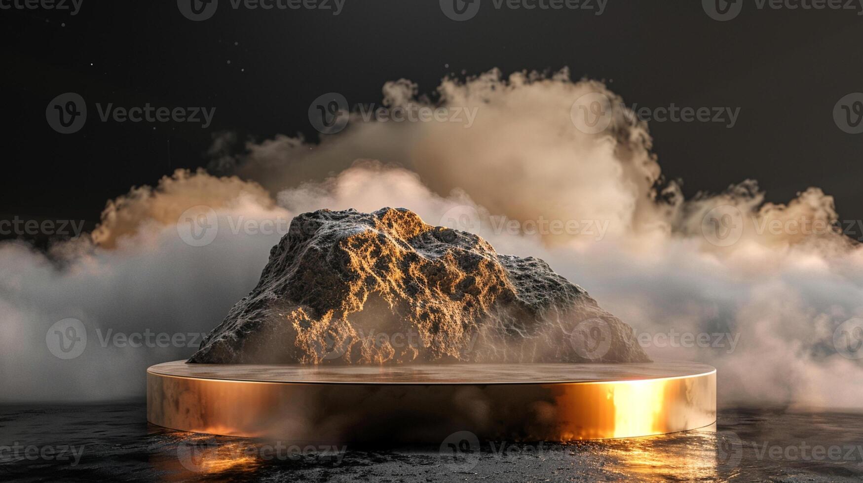 Smoke dances amidst clouds and sky, and gold geometric Stone and Rock shape background., vintage scene, with Gold podium stage minimal abstract background. photo