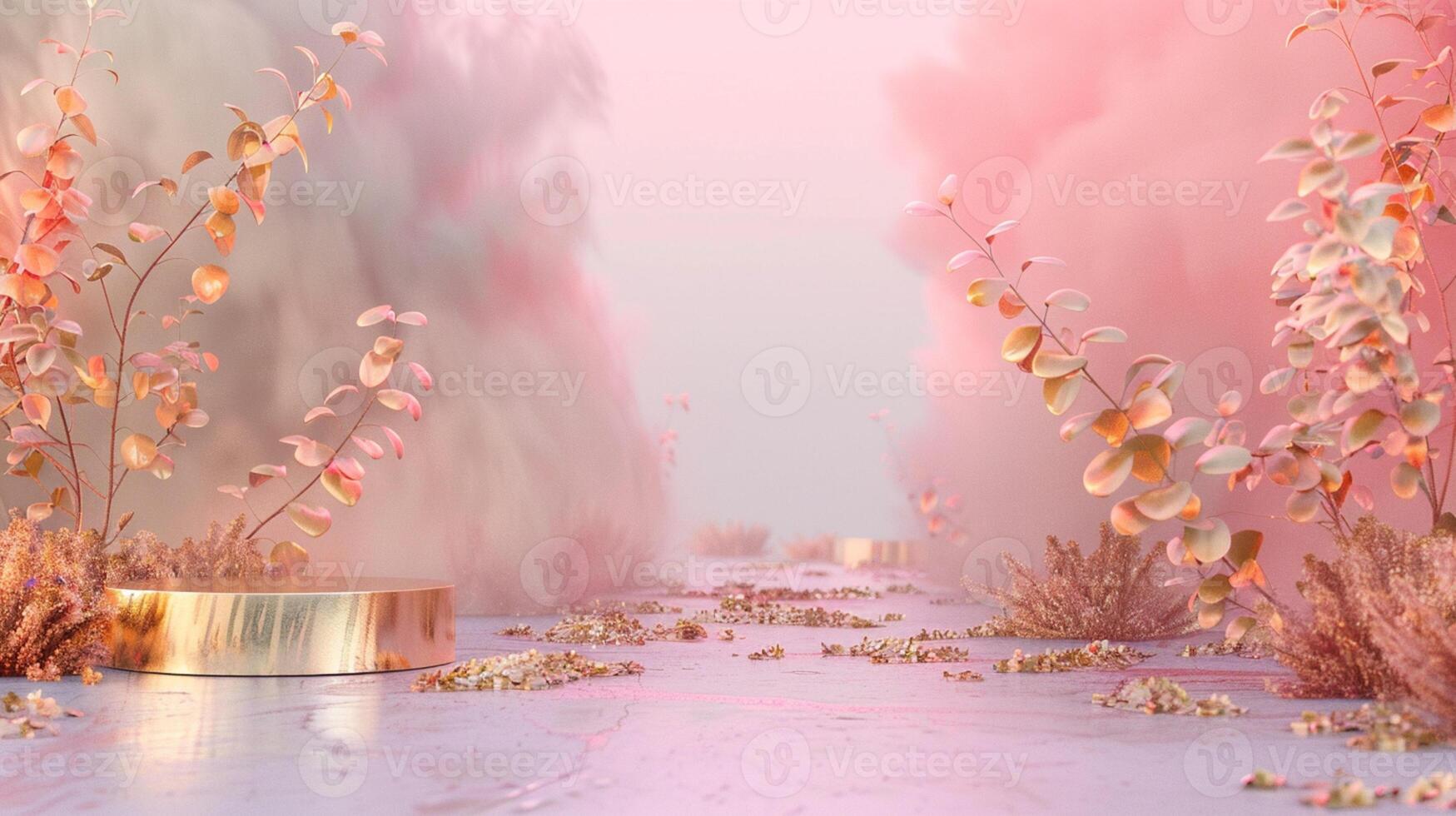 A dreamy pink and gold background with eucalyptus leaves, creating an atmosphere of luxury for product display in the style of surreal fantasy landscapes. photo
