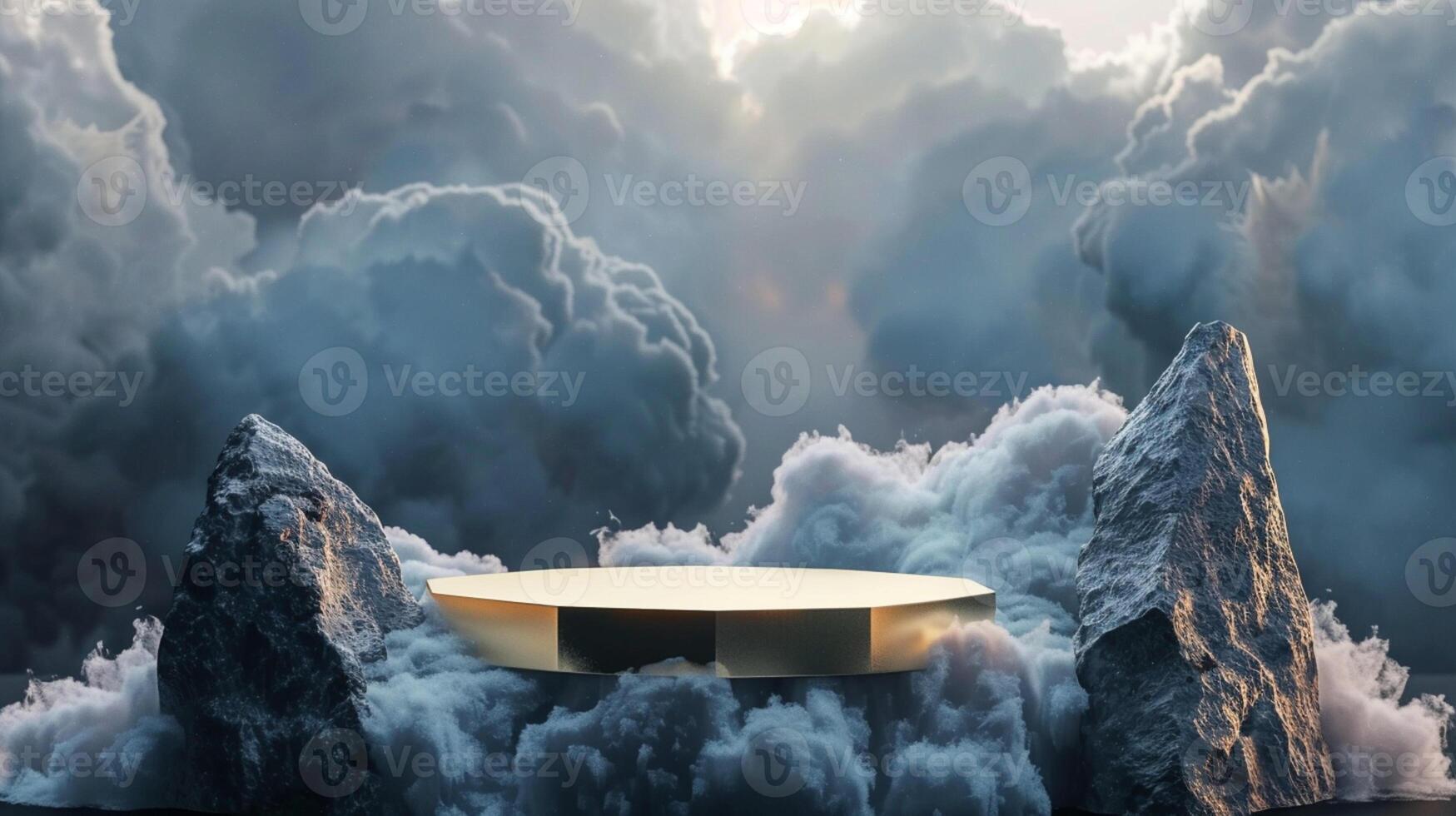 Smoke dances amidst clouds and sky, and gold geometric Stone and Rock shape background., vintage scene, with Gold podium stage minimal abstract background. photo