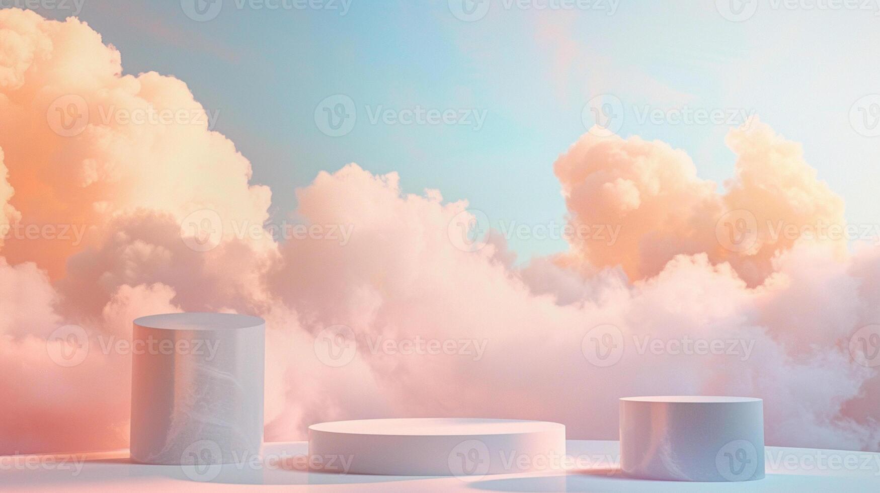 Smoke dances amidst clouds and sky, rising from a chimney A blend of nature and pollution creates an abstract, vintage scene, with Gold podium stage minimal abstract background. photo