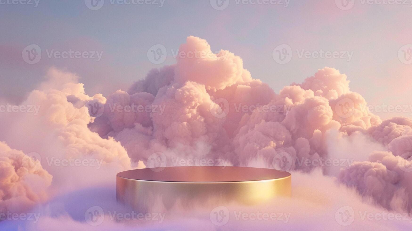 Smoke dances amidst clouds and sky, rising from a chimney A blend of nature and pollution creates an abstract, vintage scene, with Gold podium stage minimal abstract background. photo