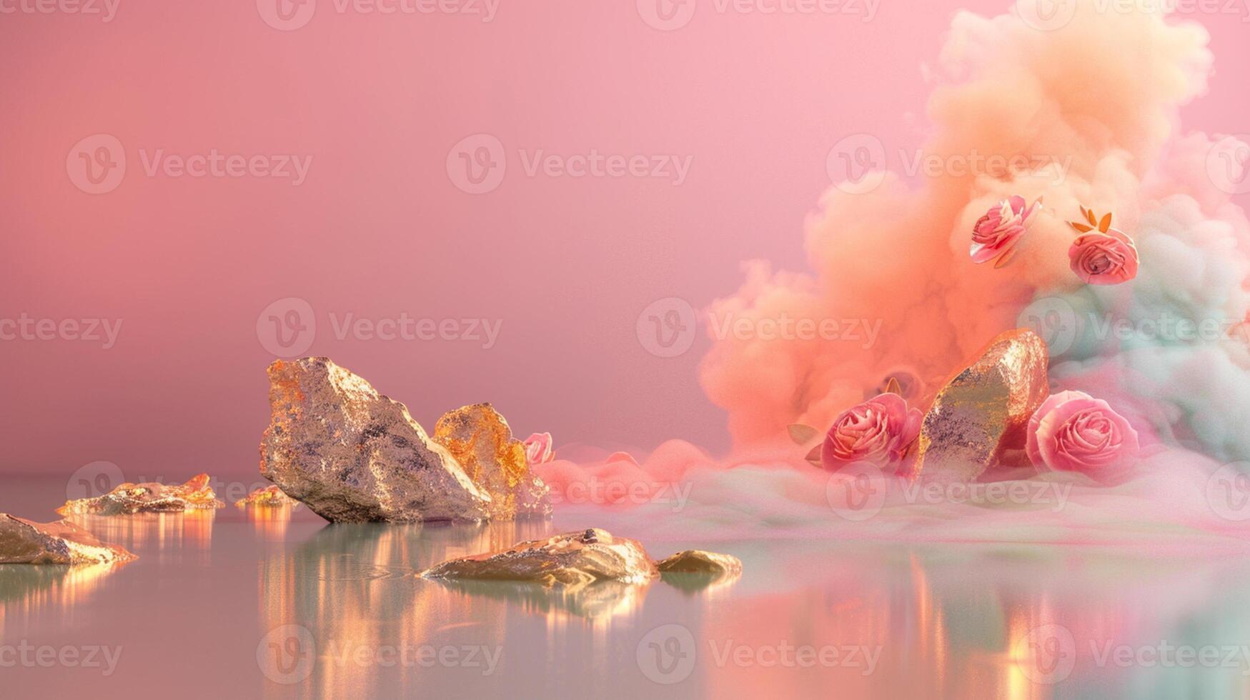 A dreamy pink and gold background with eucalyptus leaves, creating an atmosphere of luxury for product display in the style of surreal fantasy landscapes. photo