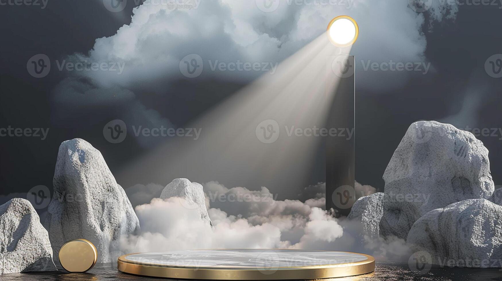 Smoke dances amidst clouds and sky, and gold geometric Stone and Rock shape background., vintage scene, with Gold podium stage minimal abstract background. photo